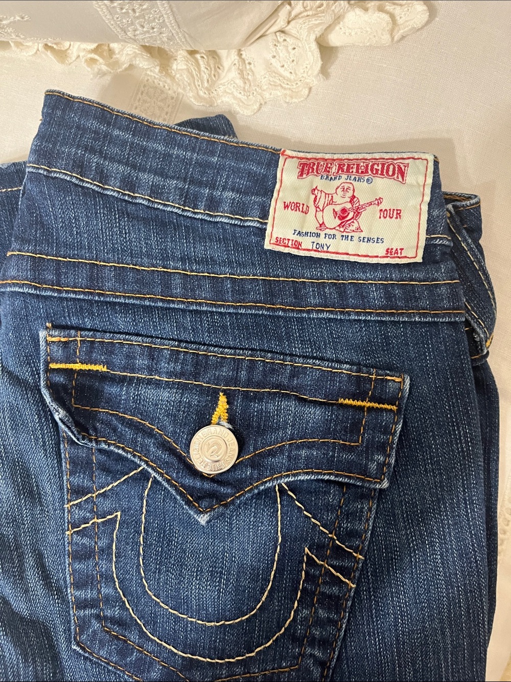 True Religion Women's Blue Boot Cut Jeans with Yellow Stitching